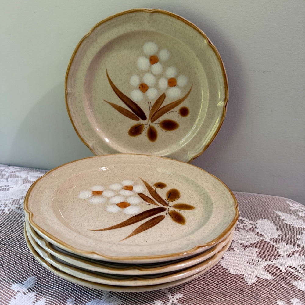 Hearthside Castlewood Salad Plates Set of 5 Tan Floral Stoneware Japan Excellent